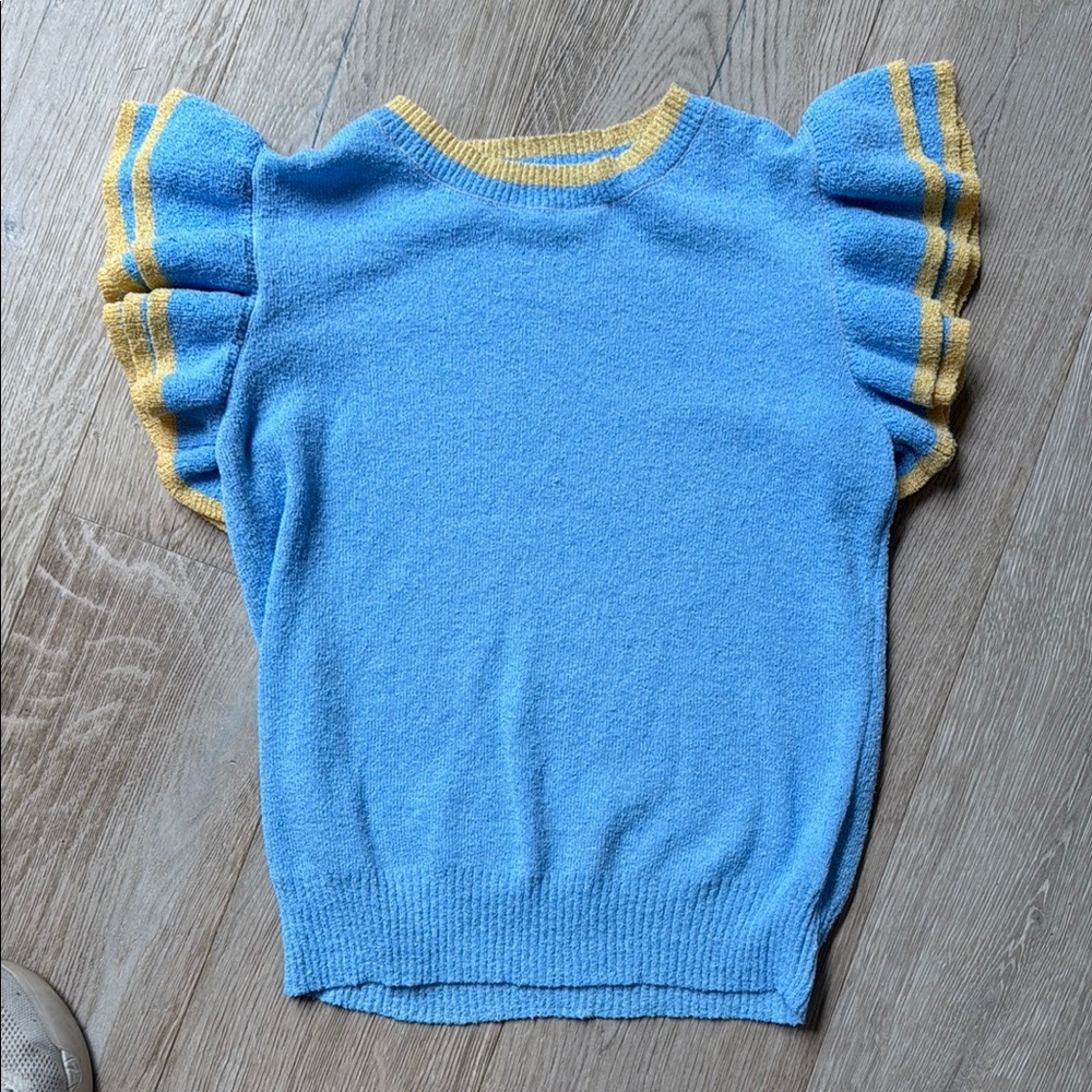 Anniewear blue and yellow soft sweater ruffle sleeve top.